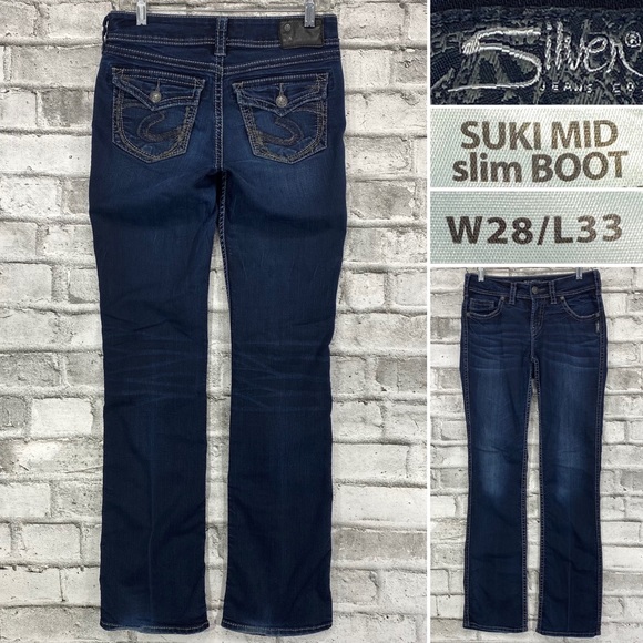 Silver Suki Mid Slim Boot Size 28 x 33 Thick Stitch Flap Pocket Bootcut Jeans